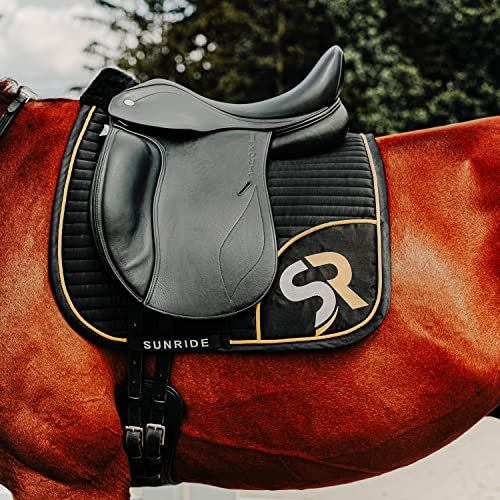 SUNRIDE Dressurschabracke für Pferde - Mesh-Material als zusätzliche Belüftung gegen Hitzestau, pflegeleicht und formbeständig (Pony, schwarz/Gold)