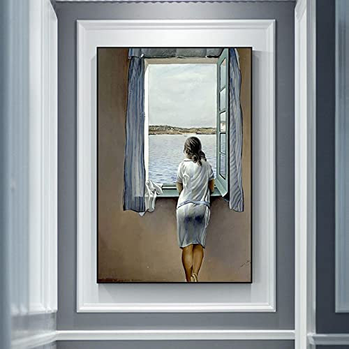 HYFBH Salvador Dali Frau am Fenster Große Leinwand Gemälde Poster und Drucke Wandkunst Bilder für Wohnzimmer Dekoration 70x105cm/28x41inch mit schwarzem Rahmen