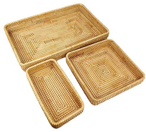 Bandeja de Servicio de Ratán, Bandeja Tejida Rectangular Cesta de Mimbre Tejida a Mano Bandeja Organizadora Bandeja de Ratán Organización de Mesa Cesta de Almacenamiento de (Juego de 3 piezas.)