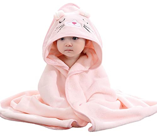 Badetuch mit Kapuze für Babys, 80 x 80 cm, Bio-Bambusfaser, Badetuch für Babys, extra weich, saugfähig, für Kinder_ts, Geburt 0-3 Jahre, Rosa, 1