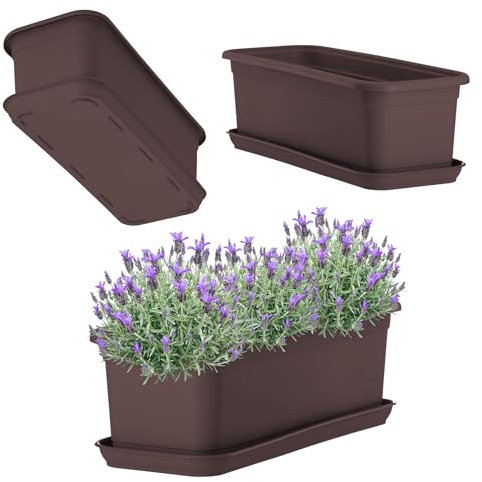 KADAX Fioriera 40 cm marrone con sottovaso – Fioriera da balcone in plastica per interni ed esterni, vaso da fiori per balcone, terrazza, davanzale