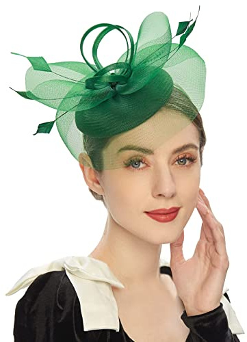 Fascinator Hüte für Frauen Pillbox Hut mit Schleier Stirnband und Einer Gegabelten Clip Tea Party Kopfbedeckung,Tea Party Fascinator Hut Fascinator Pillbox Hut Stirnband für Cocktail (Green, One Size)