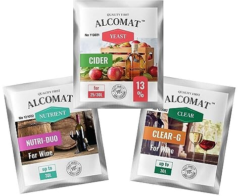 Alcomat Cider Hefe Komplett-Set für 25/30 l Cidre - Weinhefe mit Weinklärmittel und Nährsalz - Trockenhefe Gärtemperatur 10-30°C - Alkoholtoleranz bis zu 13%