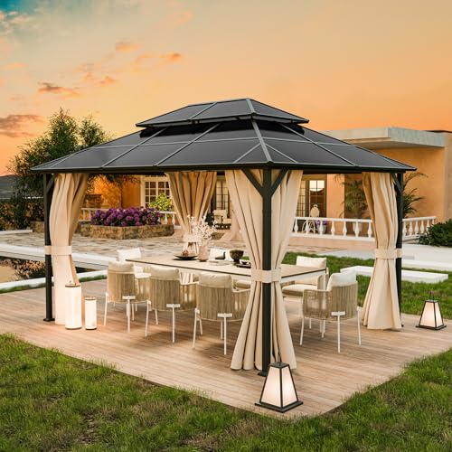 UDPATIO 3x4 m Pavillon Polycarbonat Doppeldach mit Vorhängen,Wetterbeständige Legierungen-Gartenpavillon wasserdicht stabil Winterfest UV-Schutz 6x6 cm starken Pfosten für Garten, Terrasse, Champagner