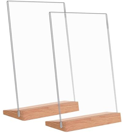 Aiuieaa 2 Pack 6 X 9 Acrylic Sign Holder - Solid Acrylic Frames with Wood Base and High Definition Glass Covers Photo Frame - Stand for Office, School, Restaurant