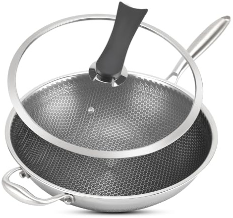 Vegoran 13 inch Wok Pan,Stainless Steel Stir-fry Wok, Non Stick Honeycomb Skillet with Stay Cool Handle- Suitable for Induction, Ceramic, Electric, and Gas Cooktops (13 Honeycomb Wok Pan with Lid)