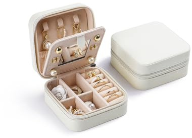 CASEGRACE Reise-Schmucketui, kleine Schmuckschatulle mit Spiegel-Design, tragbarer Schmuck-Reise-Organizer, Aufbewahrungsbox für Ringe, Ohrringe, Halsketten, Armbänder, Geschenk für Frauen, Weiß