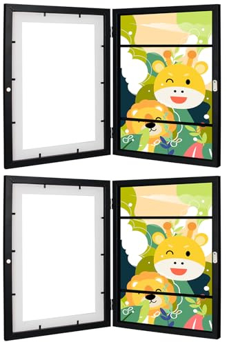 Kodilin 2pcs A4 Bilderrahmen Kinderzeichnungen,kinder kunst bilderrahmen zum öffnen, A4 aufklappbar Frontöffnung Bilderrahmen Kinderbilder,Befüllbarer Wechseln Kunstfotorahmen schwarz