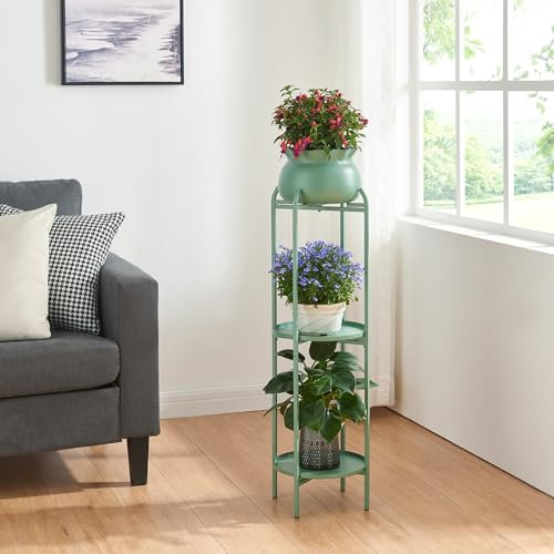 [en.casa] Stand Portapiante con Custodia Decorativa per Vaso e 2 Piani Portavaso Rotondi Espositore Piante Fiori Piedistallo in Metallo 94,5 x 27 x 27 cm Verde