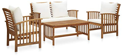 SECOLI Gartenmöbel Set Holz 4 Personen Gartengarnitur Outdoor-Möbel mit Auflagen Massivholz Akazie-Weiß-Bank + 2X Sessel + Tisch