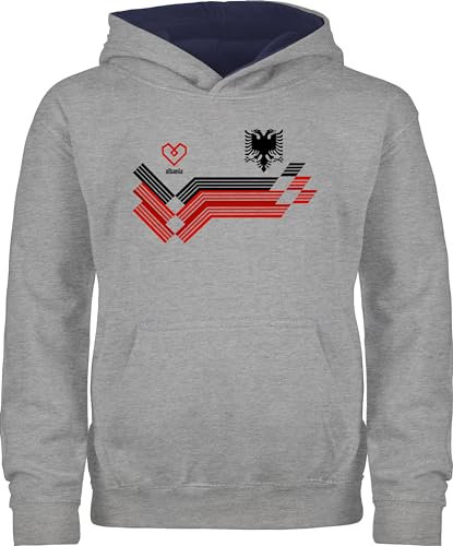 Pullover Kinder Hoodie Jungen Mädchen - Fußball WM - Albania Fanartikel EM | Albanien Wappen - 128 (7/8 Jahre) - Grau meliert/Navy Blau - europameisterschaft albanian fussball albanische em24
