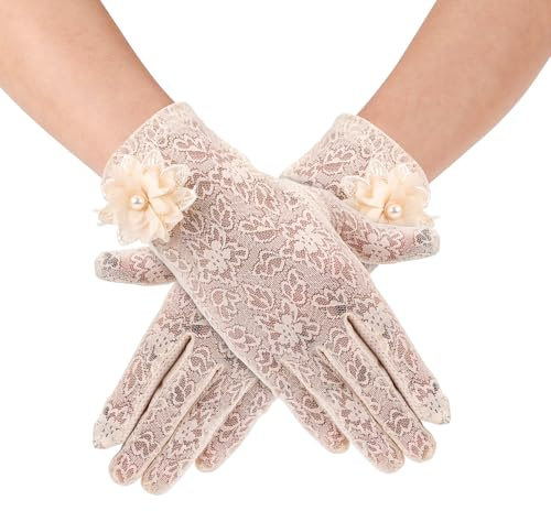 Mikovivi Guantes de Encaje Cortos para Mujer - Fiesta de Té, Boda Nupcial, Noche, Graduación, Cosplay (Beige)