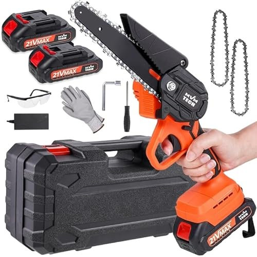 HOMEREVEL- Portable 6 Inch Mini Chainsaw Cordless, Battery Powered with 2 Batteries 2x2.0 Ah and 2 Chains, Handheld Power Tool for Tree Trimming, Wood Cutting and Gardening Gift for Men and Woman