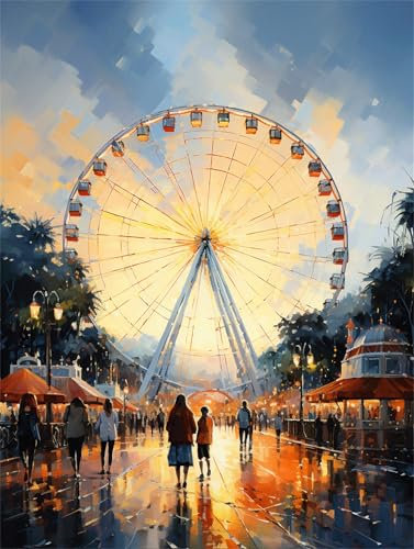Malen Nach Zahlen Landschaft Riesenrad Malen Nach Zahlen Kinder Anfänger,Malen-Nach-Zahlen ab 9 Jahre Mädchen Geschenke,DIY Ölgemälde Set Pinseln Acrylpigment Leinwan,Home Wanddeko Wohnzimme 90x60cm