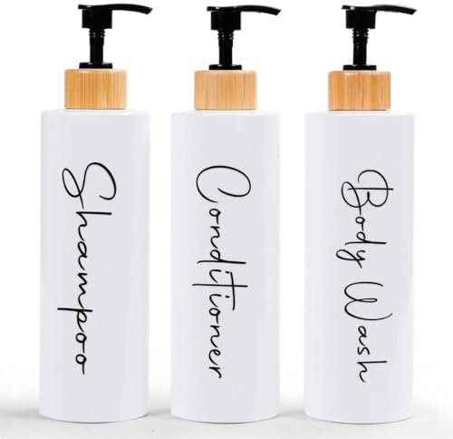 Dispensador Jabon Baño | Set de 3 Botes para Gel Champu y Acondicionador 500ML con Detalles de bambú | Este Dosificador Jabon Baño Color Blanco es Elegante y Realzará el Estilo de tu hogar