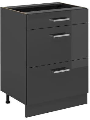 Vicco Küchenunterschrank R-Line, Anthrazit Hochglanz, 60 cm | 3 Schubladen · Ohne Arbeitsplatte · Höhenverstellbare Füße · ✓ Leichter Zugriff · ✓ Frei kombinierbar