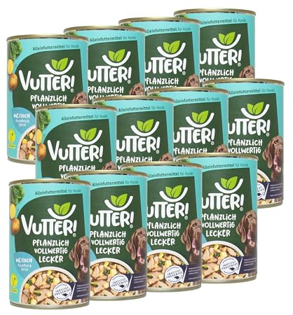 VUTTER Nassfutter Wie Fisch, 12x400 g: Hundefutter Vegan - Alleinfutter für Hunde - Fleischähnlich für hohe Akzeptanz - Sojaprotein für Muskeln, Zink für Haut & Fell, Kalzium für Zähne & Knochen