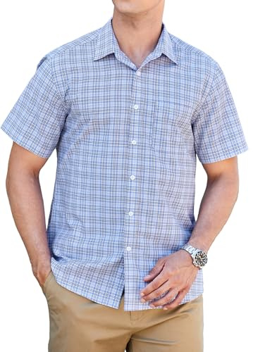 HISDERN Plaid Shirts for Men Blue Checked Short Sleeve Casual Mens Shirt Button Down Gingham Checkered with Pocket Formal Business Work Regular Fit XL