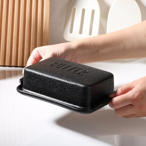 Beurrier recouvert de porcelaine avec couvercle pour support de beurre de comptoir, récipient pour un bâton de beurre, plateau texturé pour un rangement antidérapant, noir, taille S
