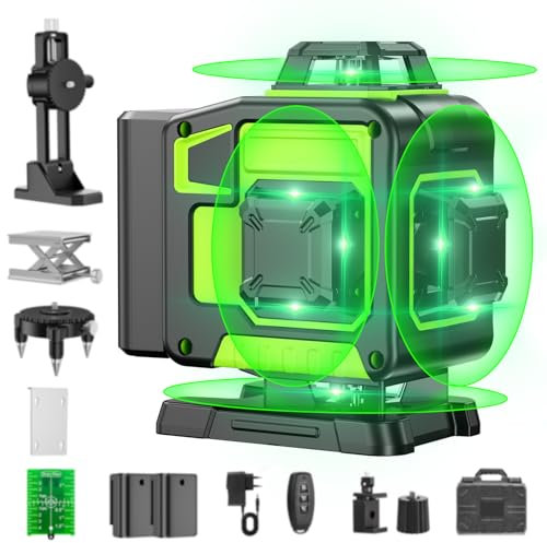 Kreuzlinienlaser Grün 16 Linien Nivellierlaser, 4 x 360 ° Laser wasserwaage, linienlaser kreuzlaser selbstnivellierend für Innenbereich Baustelle, 2 x Batterie Vermessungskabine
