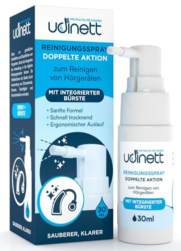 Hearing Aid Cleaning Spray with Included Brush 30ml Udinett Sanitizer for Cleaning Earmolds Replacement Domes Earplugs Quick Drying Eliminates Bacteria and Earwax Dust