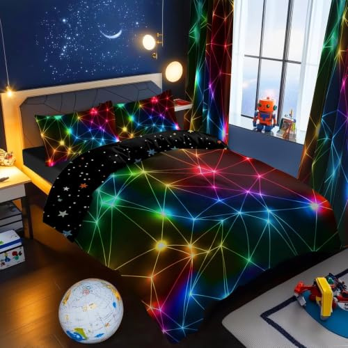 BlessLiving Double Duvet Cover Retro Neon Triangle Black Bedding Set Starry | Dreamy Duvet Cover Sets with Pillowcase Galaxy Constellation Sky Star Night Soft Breathable Microfiber Bedroom Accessories
