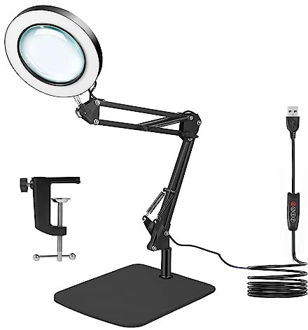 10X Lupe mit Licht und Ständer, Lupenlampe mit Klemme, Lupe mit 72 Dimmbar LEDs, 3 Farbmodi 10 Helligkeit für Hobbys, Basteln, Lesen und Naharbeit