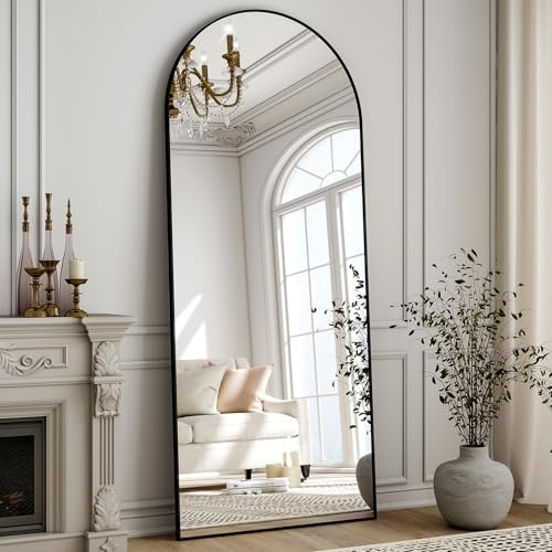 ZenoMirris Ganzkörperspiegel 147x45 cm, Bogenförmiger Standspiegel mit Aluminiumrahmen – Bodenspiegel und Wandspiegel zum Stehen, Anlehnen oder Hängen, für Schlafzimmer & Wohnzimmer, Schwarz