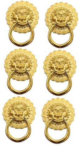 Retro Löwen Schubladengriffe aus Zinklegierung, 6 Stück-pack, Goldfarben | Einloch Ausführung mit Zugring, Glatte Kante und Angenehmes Griffgefühl, für Kleiderschrank Schubladen und Bücherregal