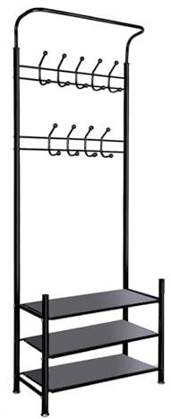 Generisch Garderobenständer mit Schuhablage, Kleiderständer Stabil aus Metall, schuhregal mit garderobe, 9 Haken, 65x30x190 cm, 3-in-1 Design für Flur, Eingang - Schwarz