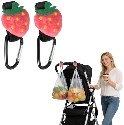 Rieoany 2 Pezzi Ganci Passeggino Universali, Rinforzato Ganci per Passeggino Porta Borse Anticaduta, Regolabile & Antiscivolo, Universale Gancio per Borse per Pannolini, Fantasia Fragola