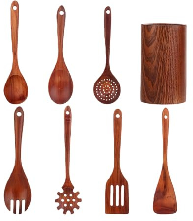Juego de utensilios de cocina de madera, 8 piezas antiadherentes con espátula, herramientas de cocina resistentes al calor, con agujero para colgar y accesorio de utensilios de cocina de madera, para