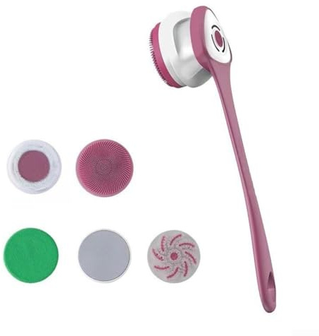 Yuanpgky Limpiador corporal eléctrico recargable con mango largo para ducha, 5 accesorios, cepillo de baño impermeable con 3 ajustes de intensidad, compatible con todos los tipos de piel (vid morada)