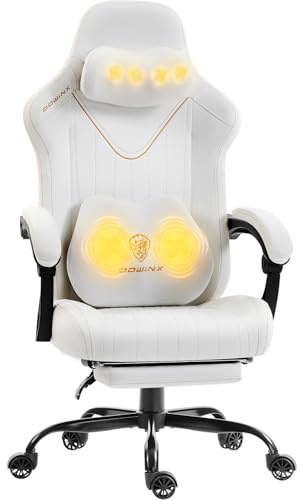 Dowinx Gaming Stuhl mit Massagefunktion, Ergonomisch Gestaltet Gaming Sessel mit Lendenwirbelstütze und Nackenstütze,Gaming Chair bis 135 kg Höhenverstellbar, Leder Geeignet für Erwachsene,Weiß