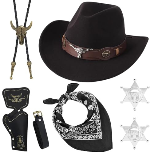 WFKKMEQ Cowboy Kostüm, Western Cowboy Outfits Cosplay Zubehör Fancy Dress Set mit Cowboyhüte Bandana Holster Gürtel Halskette Abzeichen Cowboys Hut Kostüm Zubehör für Karneval