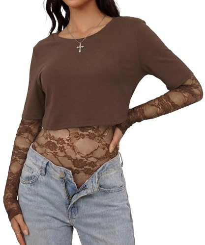Ausing Donna Camicia Elegante Mesh Camicette Pizzo Scollo Rotondo Maglietta Maniche Corte Stretta Body Manica Corta Crop Top Sexy Cropped Sottogiacca Trasparente Estiva Marrone S