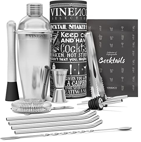 Cocktail Shaker Set + Rezeptbuch: Premium Edelstahl Bar Cocktailset Cocktailshaker Messbecher Strohhalme Barlöffel Stößel | Profi Barkeeper Barset Cocktailzubehör Zubehör Geschenk Frauen Männer