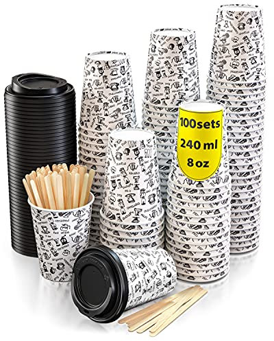 100 Bicchieri Carta per Prendere il Caffè – Tazza con Coperchio di 8 Oncia con le Bastoncini di Legno per il Prendere il Caffè, il Tè, le Bevande Calde e Fredde