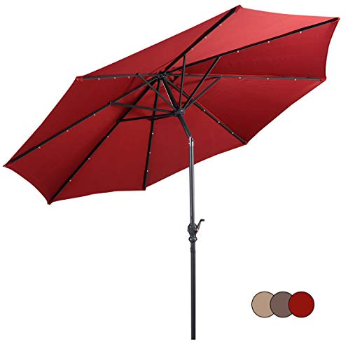 GOPLUS Sonnenschirm mit LED-Solar-Beleuchtung, Gartenschirm 300 cm, Balkonschirm beideseitig um 30° knickbar, Marktschirm mit Kurbel, UV-Schtutz, Tischschirm für Garten & Terrasse, Rot