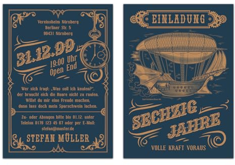 Kartenmachen.de 10 x Individuelle 60. Geburtstag Einladungskarten DIN A6 (148x105mm) - Steampunk