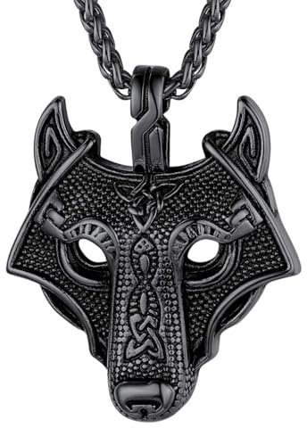 FaithHeart Wolf Necklace for Men Norse Mythology Jewelry Black Plated Fenrir Wolf Pendant Stainless Steel Nordic Viking Gifts for Boyfriends Husband