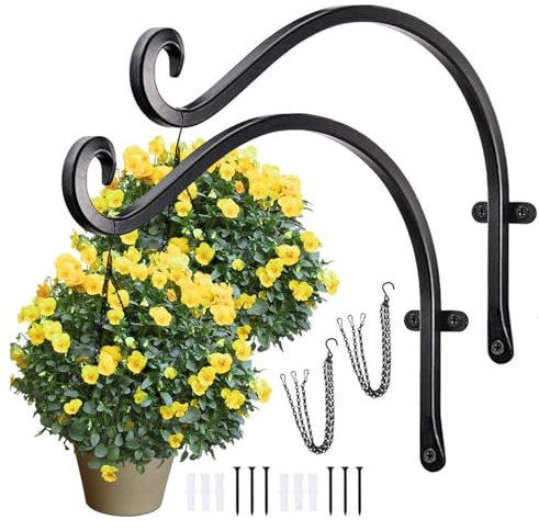 Lifreer 2 Pack 12 Inch Wall Hanging Hooks with 2PCS Hang Chains | Heavy Duty Iron Wall Hanging Basket Brackets Plant Hooks for Hang Bird Feeders Wind Chime Lantern