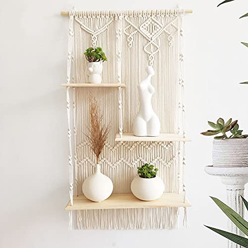 Ricemru Holz Hängendes Regal mit Seil 3 Ebenen Handgewebte Makramee Wandbehang Regal Lang Wandregal Wand Holz Wandschaukel Regale Holzregal Wand Aufhängen Boho Wanddeko