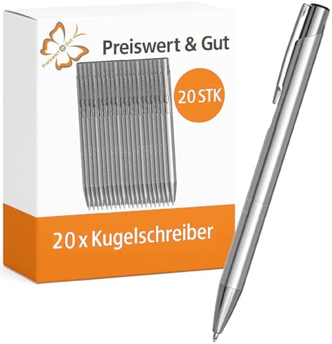 20 STK Kugelschreiber Silber Aluminium mit Druckmechanismus Mine Blau | Mit Großraummine in Blau und Clip, 13,7 cm lang, aus Aluminium und Kunststoff für Büro, Schule und Dokumente