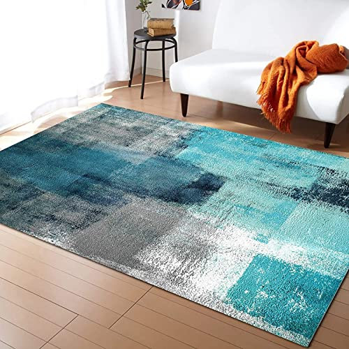 SRTJURFG Home Modern Area Rug waschbarer Soft-Touch-Teppich Art Daub Abstrakter Ölgemälde-Stil Geometrisches Blau für Flur Wohnzimmer Schlafzimmer Küche Groß Schutzmatten 180 x 250 cm