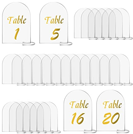 YWNYT 20 Stück Transparentes Bogen-Acrylschild, 10 x 15 cm, klare Acryl-Rohlinge, Hochzeitstischnummern, Schilder mit Ständer, Acryl-Tischkarten für Hochzeit, Dinner, Party, DIY-Dekoration