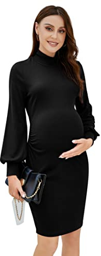 KOJOOIN Premaman Donna Abito Gravidanza Abito Premaman a Maniche Lunghe Donna Abito Premaman a Collo Alto Nero M