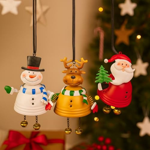 Marco Paul Metal Hanging Christmas Ornaments Set – 3-Piece Santa, Snowman & Reindeer Christmas Decorations – 10 cm Festive Metal Xmas Tree Bauble Decorations for Indoor