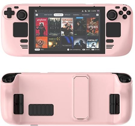 Kickstand Schutzhülle für Steam Deck Spielkonsole Vollschutzhülle Case mit Standfuß PC Material Stoßdämpfende Hülle Spielzubehör (rosa)