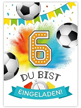 Minkocards 12 Einladungskarten zum 6. Kindergeburtstag Junge Fußball Fussball Einladungen zum sechsten Geburtstag Kinder bunte Geburtstagseinladungen